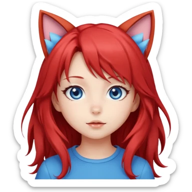 cute anime girl with cat ears, red blowing hair sticker