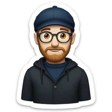 an irish guy with a black newsboy hat in color wearing a navy blue pull over hooded sweater thin frame glasses brown beard and sideburns blue eyes sticker