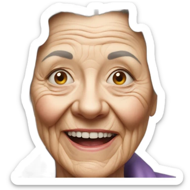 hyperrealistic photo of an elderly woman with super hard wrinkles looking at the camera smiling like a menace with sharp teeth sticker