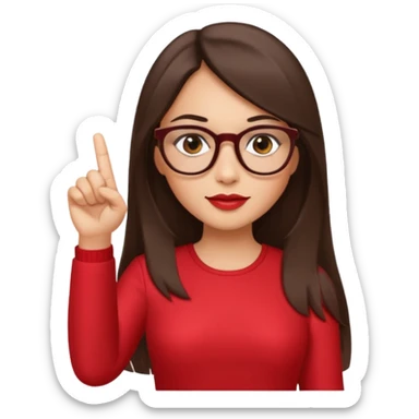 brown-eyed brunette with long straight hair, wearing glasses, with slightly plump lips, pointing with her right hand and finger up to the left, wearing a red dress sticker