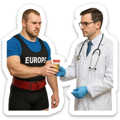 European powerlifter in competition clothing, handing over a sample for anti-doping test to a doctor, control atmosphere, realistic details, isolated on white background sticker