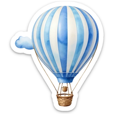 "A dreamy hot air balloon with blue and white stripes, floating among soft clouds, watercolor aesthetic." sticker