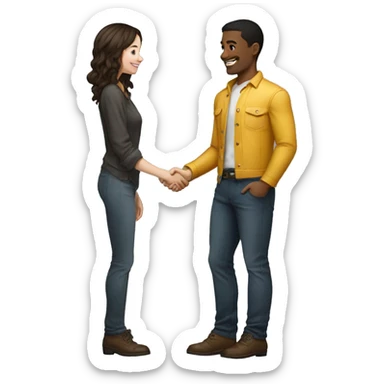 an adult restaurant owner and a young blogger shake hands, both with fair skin, in great detail, in full height sticker