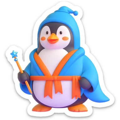 penguin wizard with a blue robe and sparkly wand sticker