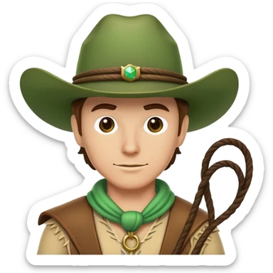 Cowboy character wearing a green hat with a lasso sticker
