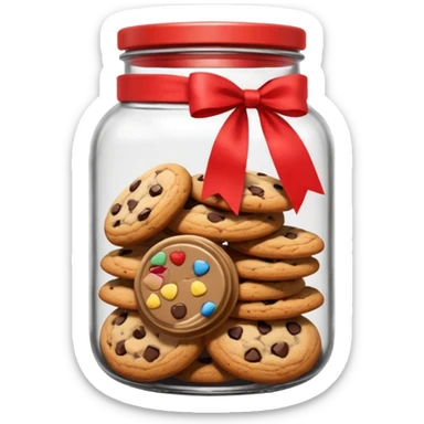 A chewy chocolate chip cozy cookie in an organized jar, saying "Cookie Jar" with some small illustrations on the jar to indicate there are cookies stored inside, a big red ribbon on the lid sticker