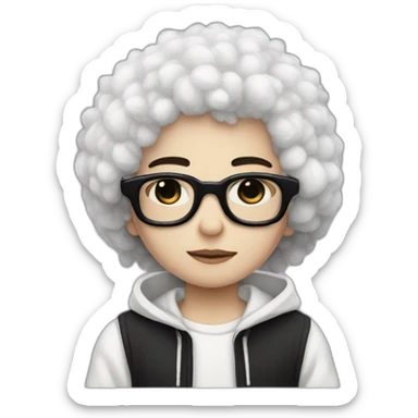 Pale boy, with fluffy black hair, black honeycomb shaped glasses, with a bone hairclip wearing a white hoodie with pink stripes sticker