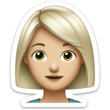 A very white girl has short hair and it’s black. Also she has bangs, she has green eyes sticker