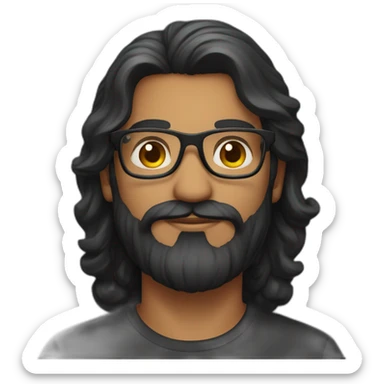 Indian man with long wavy hair, well groomed beard, glasses and a black tee sticker