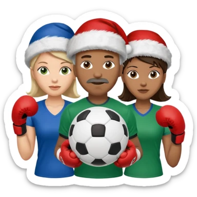 crie a imagem de 3 atletas, um homem no meio e duas mulheres, de modalidades esportivas diferentes, usando elementos esportivos, como por exemplo bola de futebol, luvas de luta e bola de vôlei... e usando um chápeu de papai noel das cores verde e azul. sticker