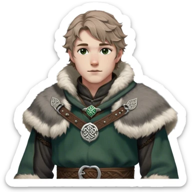 Medieval winter outfit worn by a DnD themed fantasy male character. Heavy charcoal wool tunic with arctic wolf fur lining, adorned with intricate iron clasps and a thick leather belt with celtic knotwork. Clothes only above the waist, full waist coverage. The character has no arms. Character is white-skinned with light brown hair, gray-green eyes, and short wavy hair dusted with winter's touch. sticker
