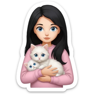 Girl with mid long black hair in soft pink sweater holding A 2-month-old Persian-Angora mix kitten with blue eyes and mostly orange fur with white patches cat sticker
