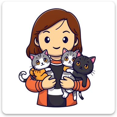 Tan brown-haired girl holding three cats, one black cat, one grey cat, and one grey-striped cat sticker