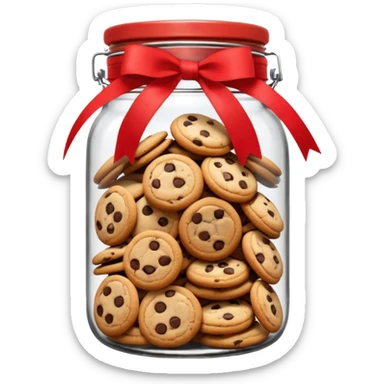 A chewy chocolate chip cozy cookie in an organized jar, saying "Cookie Jar" with some small illustrations on the jar to indicate there are cookies stored inside, a big red ribbon on the lid sticker