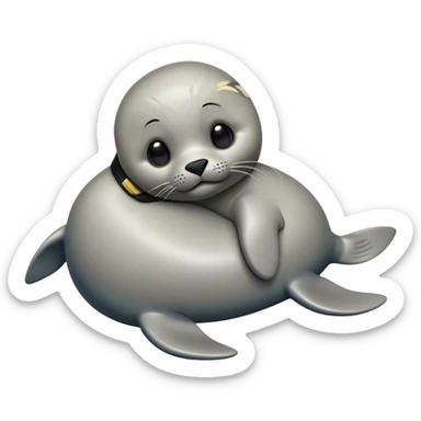 cinematic-seal-realistic-full-body-lounging-emoji,-sleek-body-stretched,-short-smooth-fur-glinting-in-the-sea-breeze,-flippers-tucked-comfortably-beneath-its-body,-large-dark-eyes-filled-with-playful-curiosity sticker