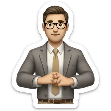 To belt Actively gesturing with hands Pale skinned fit man teacher with dark brown hair in gray jacket, beige office shirt, brown tie, brown pants and vintage glasses. sticker
