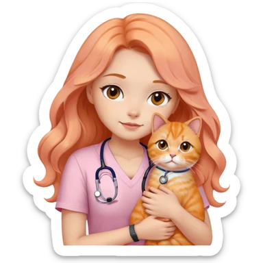 a girl with black eyes and long wavy hair, wearing a soft pink short-sleeved round neck tshirt with a stethoscope on her neck while hugging an orange persian cat sticker