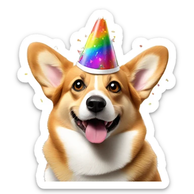 a corgi dog celebrating with a lot of colorful confetti around  it and a birthday hat sticker