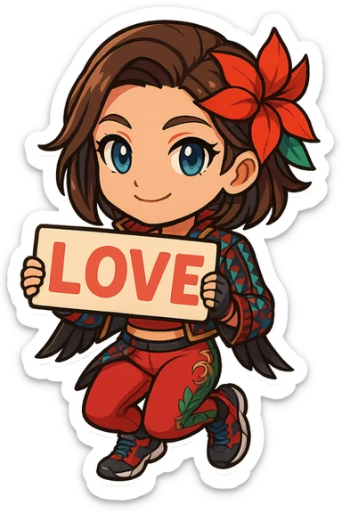 Azucena from Tekken 8 in chibi sticker style, holding a sign that says 'LOVE', sweet expression, wearing the detailed red and patterned outfit from the reference images, designed for Twitch emote use. sticker