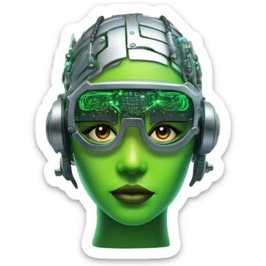 Neon green bobbed hair Latina female cyborg head with silver steampunk goggles and circuits sticker