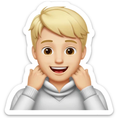 A blond guy with his hands in his neck and his tounge out with a smile  sticker