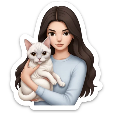 brunette Kendall Jenner with long hair holding on the hands a british white cat and a grey Sphynx sticker