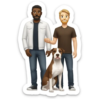 white male with dark brown hair and a lightly scruffy beard shadow standing alongside a white and brown pitbull sticker