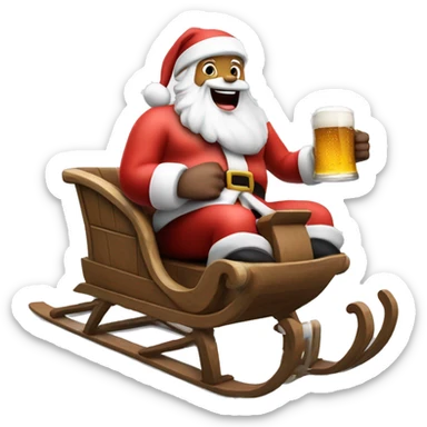 Excited  white skin Santa sticking out tongue while riding and holding beer on the sled sticker