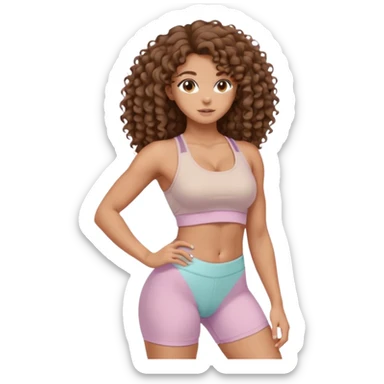 Create dream body girl with big glute and small waist and brown flat no volume curly long hair with pastel beige gym clothes  sticker
