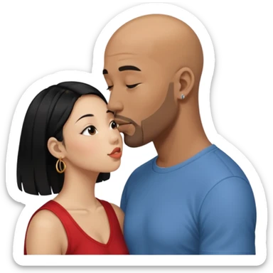 Bald black man with short beard deeply kissing each other. She is a short younger looking asain women. She has long black hair and a nose ring sticker