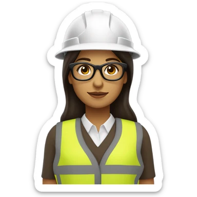 Mujer ingeniera,latina, con chaleco reflejante ,casco blanco de seguridad, lentes negros; cabello café oscuro y lacio hasta el hombro  sticker