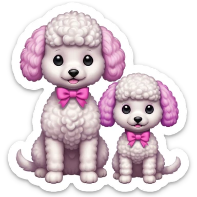 Two white toy poodle–style dogs, fluffy curly fur, round faces, black button eyes. Hot-pink paws, purple-dyed ear tips. One taller dog standing upright wearing a large pastel pink bow, one smaller round dog sitting. Cute plush emoji style. sticker