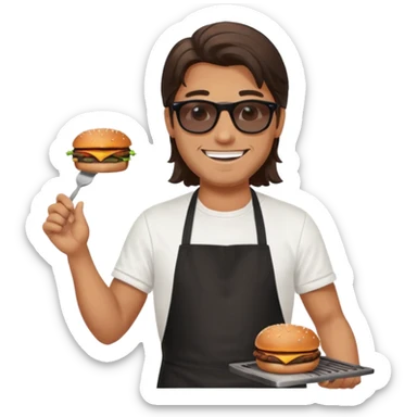 long hair man grilling wearing shade smiling in a white tshirt and a black apron grilling burger and meat on a sizzling grill sticker