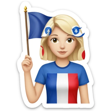 White woman with blonde hair holding a French flag in hand with a fleur-de-lily t-shirt sticker