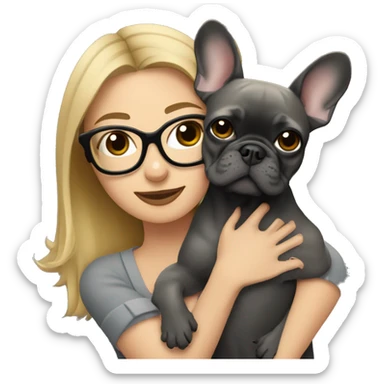 dark blonde woman with glasses hugging dark gray french bulldog sticker