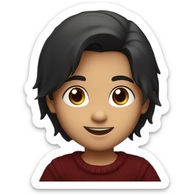 smiling and pointing 3 years old white skin indian with black hair wearing a dark red sweater sticker