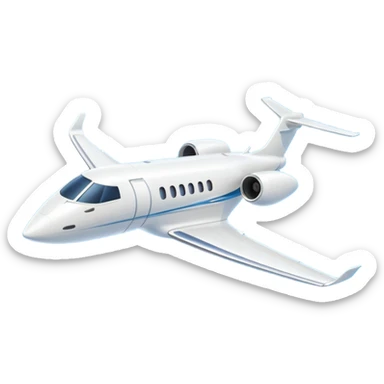 A 3D cartoon sleek white private jet flying through clear sky, sunlight glinting off fuselage, Memoji-style rendering. sticker