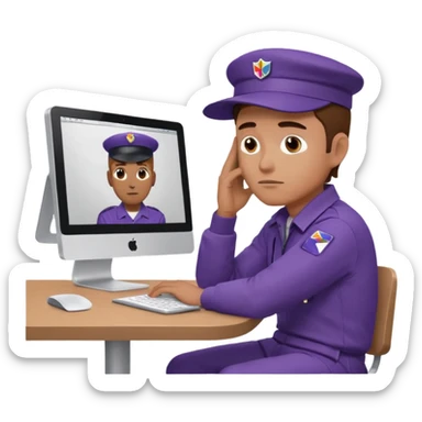 emoji of a man sitting at the table with an imac on it, a man is sitting in a very thoughtful pose, he has his hands on the table and his head resting on themб he look into the screen of imac, he is dressed in FedEx uniform with a cap sticker