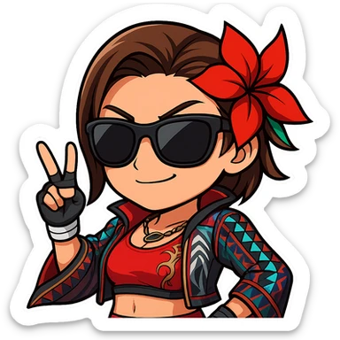 Azucena from Tekken 8 in chibi sticker style, wearing sunglasses and striking a cool pose, standard Twitch emote, wearing her detailed red and patterned outfit as shown in the reference images. sticker