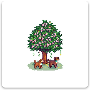 blooming tree with dogs playing around it sticker