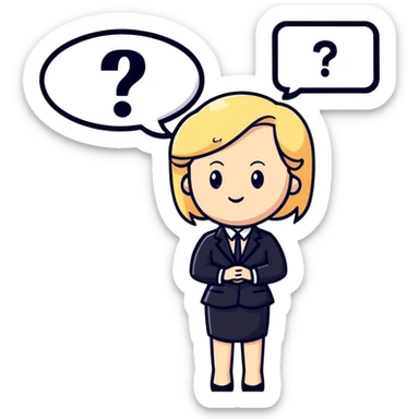 blonde haired white woman in a black formal suit with a white speech bubble containing a black question mark next to her head sticker