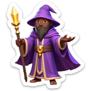 Clash of Clans aesthetic: Cinematic heroic powerful fire Wizard Hero  close up Emoji, rendered in a 3D vector-style similar to standard emojis with minimal shading and bold, simplified shapes. A compact, isometric figure draped in flowing enchanted robes and wielding a mystical staff, softly glowing with an arcane magical charm. Simplified yet unmistakably iconic, highly detailed and consistent, glowing with a soft radiant glow and high shine. Stylized with a touch of whimsical sorcery and a soft glowing outline, capturing the essence of a powerful wizard ready to cast spells with a friendly, playful spirit! sticker