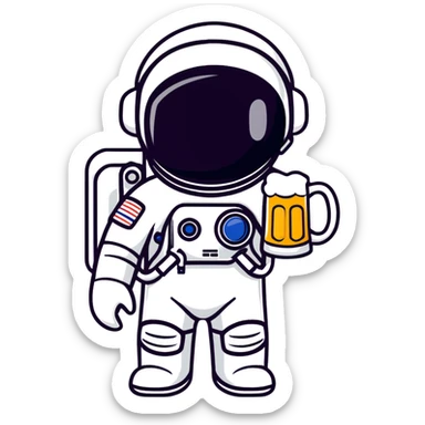 a full astronaut space suit with a pint of delicious beer inside it instead of a human, the glass of beer visible through the helmet sticker