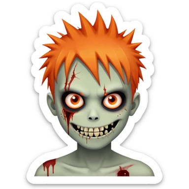 boy zombie with orange skin, orange spikey emo hair, black and red eyes, bloody smile, menacing sticker