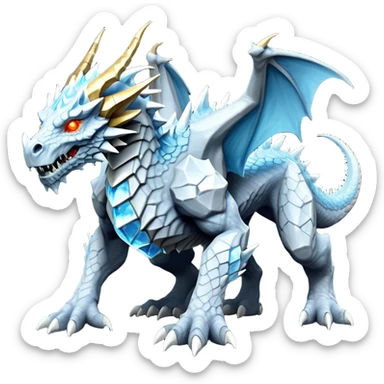 This extraordinary hybrid creature combines the elemental power of an ice dragon with the raw physical might of a stone golem. Its core body resembles a cluster of angular, faceted stones that have been infused with magical ice energy. The creature's head features a draconic shape with curved horns and piercing amber-gold eyes, but parts of its face retain the jagged stone texture. Blue-white energy flows between the gray rock segments, creating glowing lines throughout its body. The creature has developed partial wings made of crystalline ice formations extending from its rocky frame, and its tail alternates between stone segments and ice spikes. Sharp teeth line its mouth, some appearing as polished stone, others as ice crystals. Frost continuously emanates from its body, and when it moves, it creates a distinctive sound of grinding stone and crackling ice. full body sticker