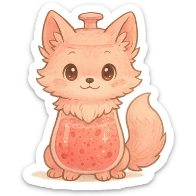 a chibi blender as a soft, fluffy fox with a transparent body filled with fruity smoothie, sparkling eyes, pastel pink, full-body sticker