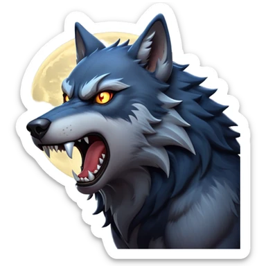 cinematic-noble-fierce-werewolf-howling-portrait-emoji, poised-and-imposing, with a fierce wolfish face tilted upwards in a haunting howl, glowing eyes full of primal ferocity, sharp, and a rugged snout, fur rippling in shades of midnight black and silver, muscles tensed as the powerful howl echoes beneath the moonlit sky; rendered with realism, capturing the raw, untamed power of the beast in its wild, primal state sticker