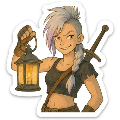 A sword maiden, mohawk, long braid white hair with lavender and tips long messy bangs one side, gold yellow eyes, black crop top, brandishing a lantern. Mischievous smirk sticker