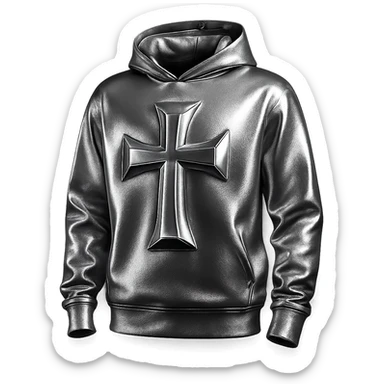 hoodie with a large chrome cross on the front, 3D metallic style, highly reflective, simple background sticker