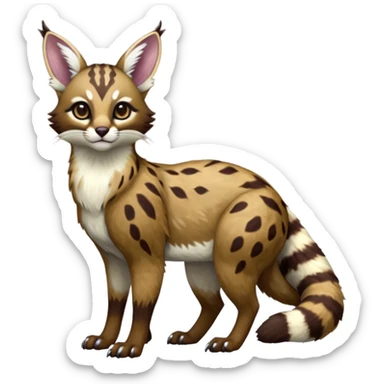 Colorful dark realistic chocolate-brown tropical beige fur glorious divine exotic cute cool beautiful shiny beautiful fantasy-Furret-Eevee-caracal-civet-genet-sergal-vernid-Cacomistle-oncilla-animal-Fakémon-hybrid-fursona with white deer-spots pattern markings (full body) sticker